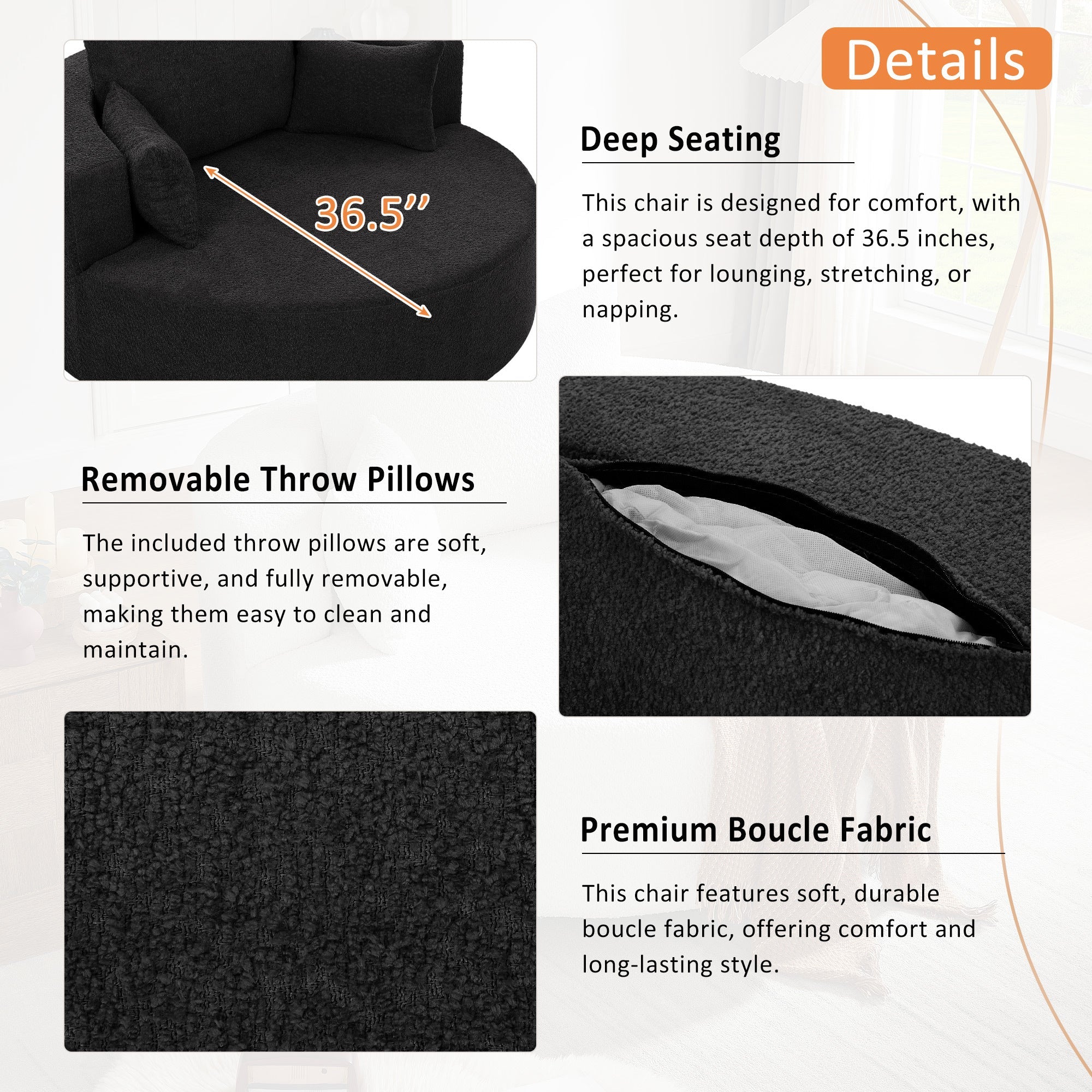 360° Swivel Accent Barrel Chair with Removable Pillows, Black Chenille, 56.3x56.3x36.5 inches