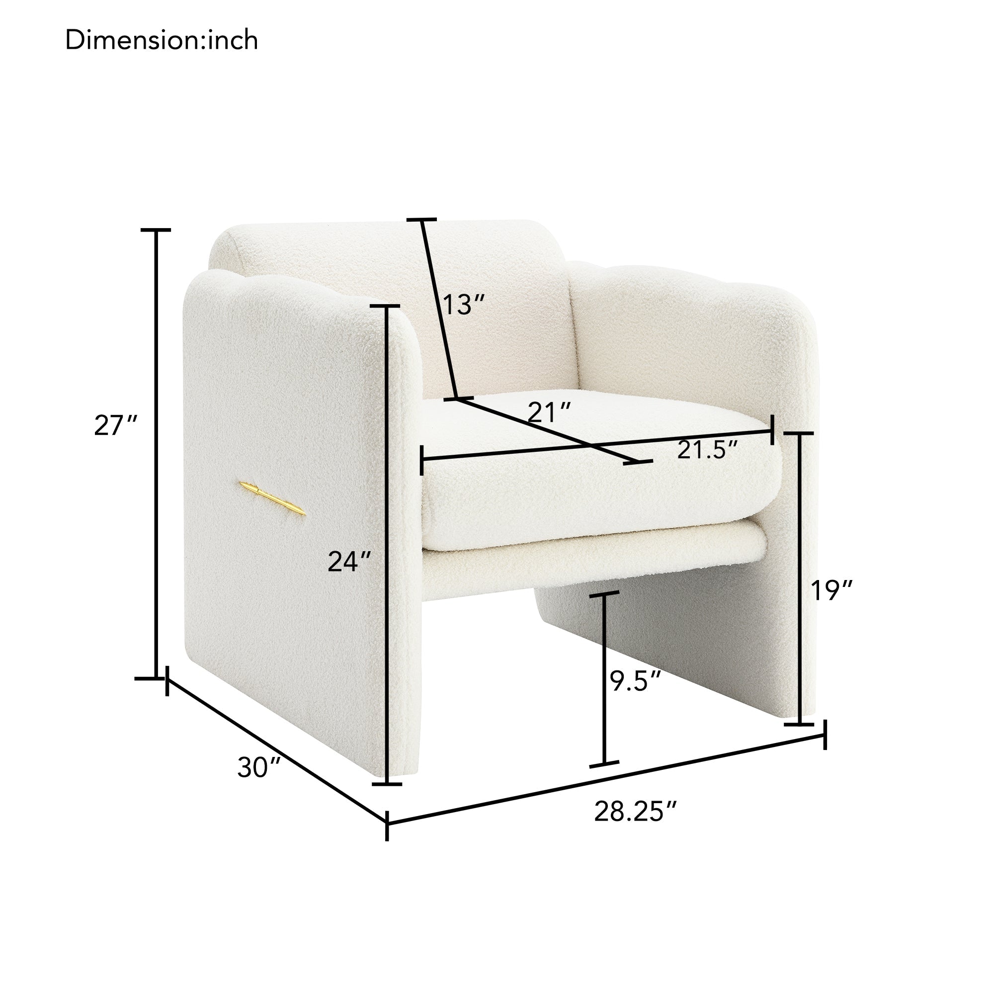 Accent Armchair with wavy armrests, metal decorations on both sides of the armrests, made of Teddy cloth, white