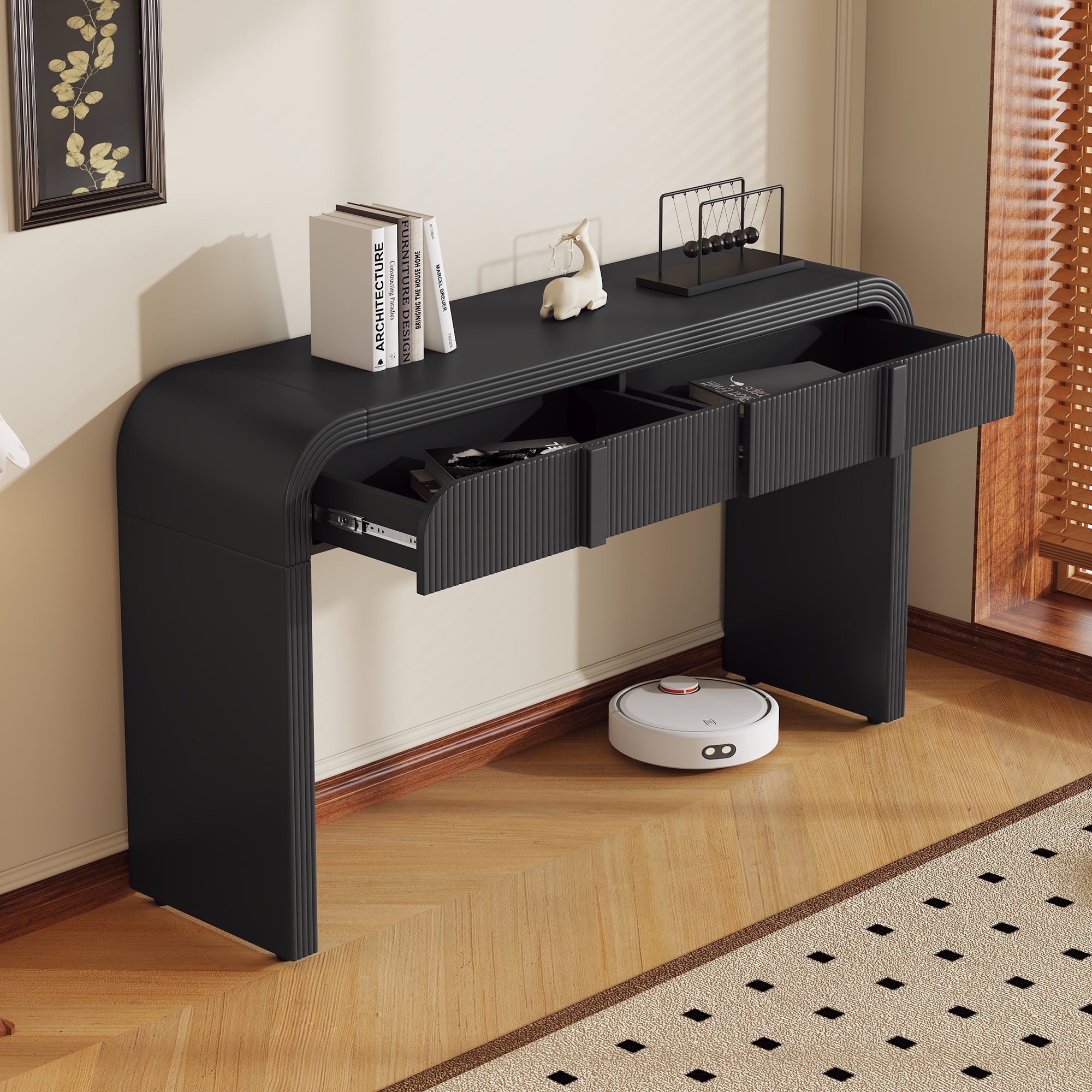 TREXM Modern Console Table with 2 Storage Drawers, Fluted Entryway Table with Rounded Silhouette for Hallway Living Room and Entryway (Black)
