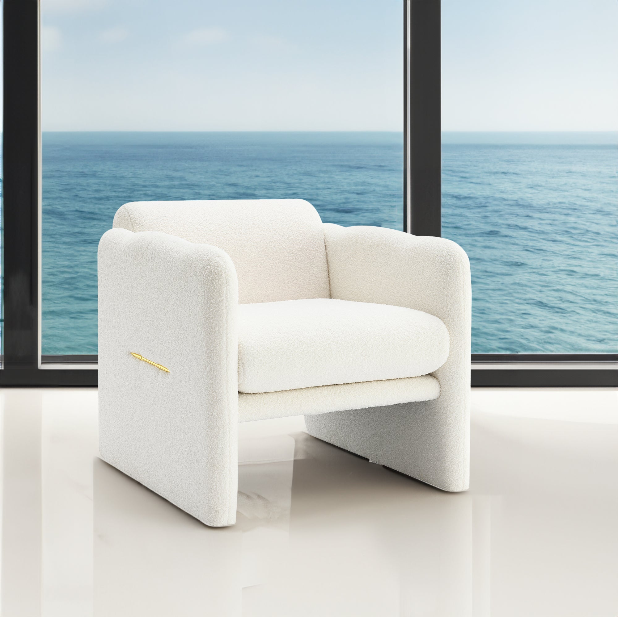 Accent Armchair with wavy armrests, metal decorations on both sides of the armrests, made of Teddy cloth, white
