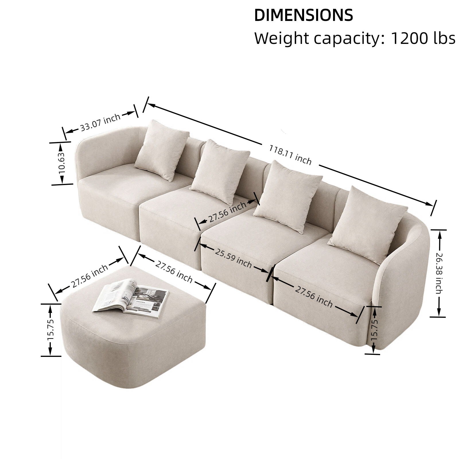 L-Shaped Modular Sectional Sofa With Ottoman