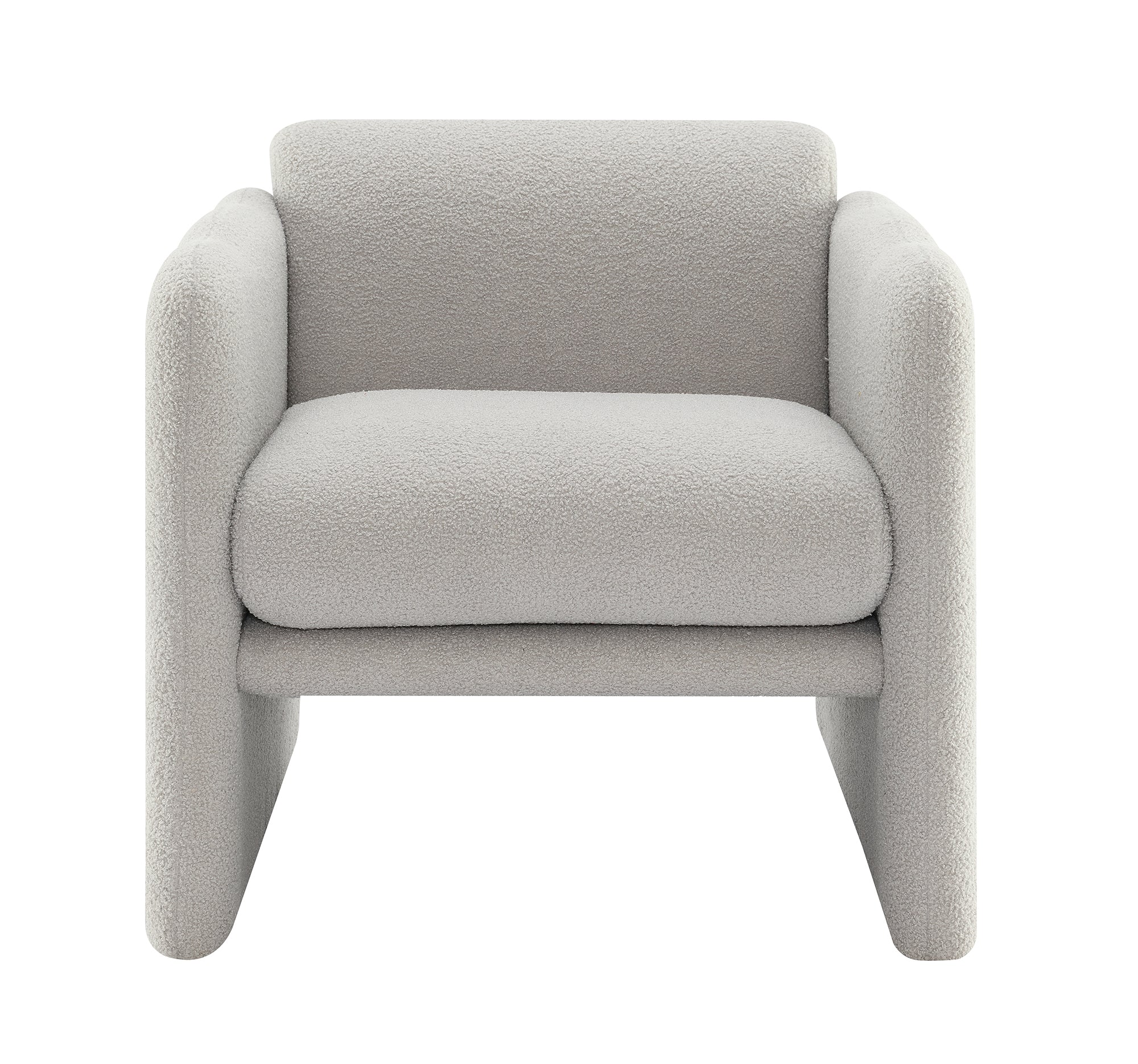 Accent chair with wavy armrests, metal decorations on both sides of the armrests, made of Teddy cloth, light gray