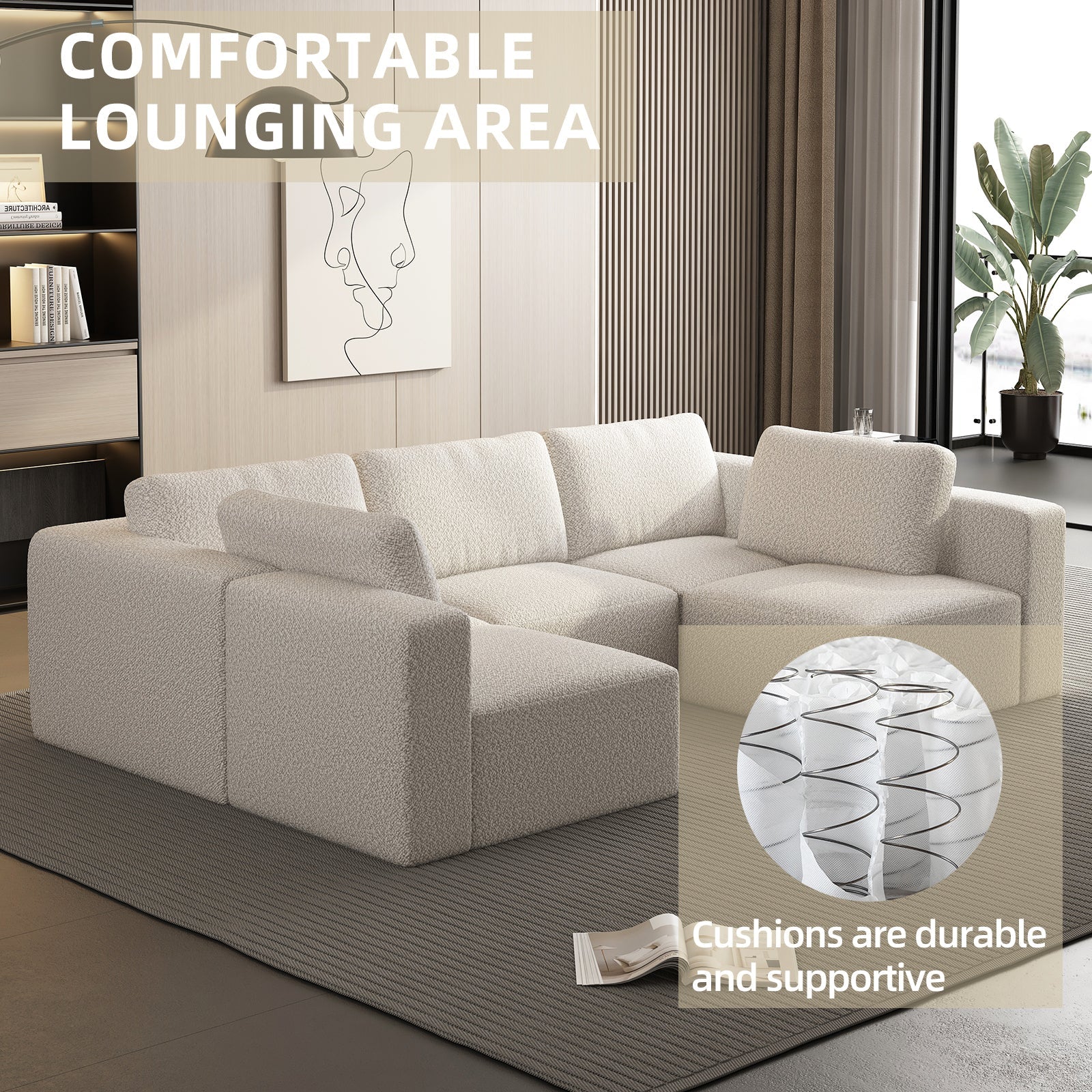 104.32*70.86 Modular Sectional Sofa Sleeper Couch, Sectional Sofa with Chaise and Ottoman, Convertible U Shaped Modular Sofa Set. Compressed sponge, White. (Combo 3A+2B)