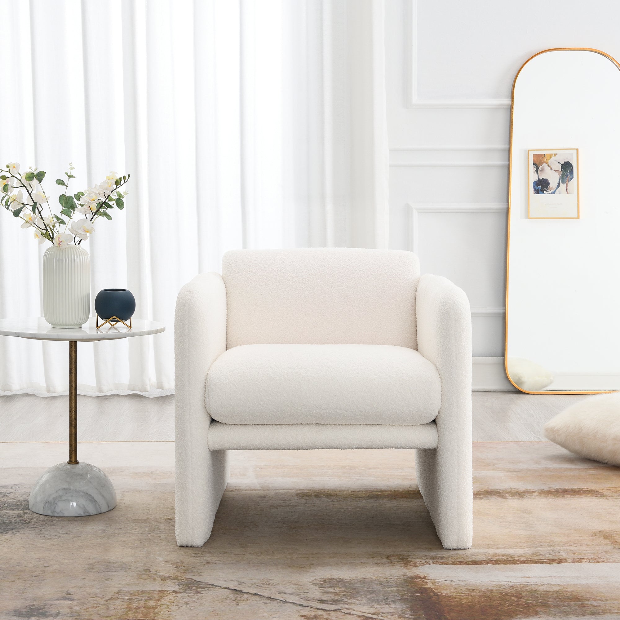 Accent Armchair with wavy armrests, metal decorations on both sides of the armrests, made of Teddy cloth, white
