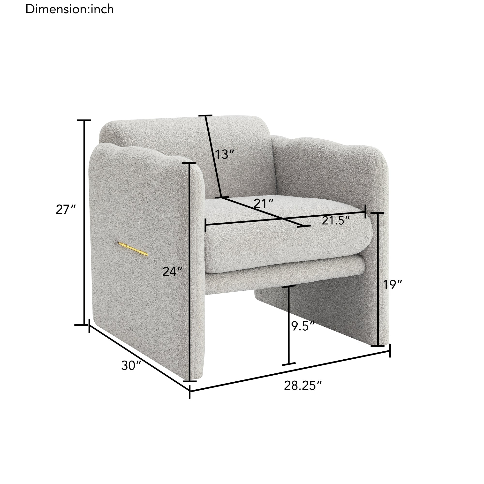 Accent chair with wavy armrests, metal decorations on both sides of the armrests, made of Teddy cloth, light gray