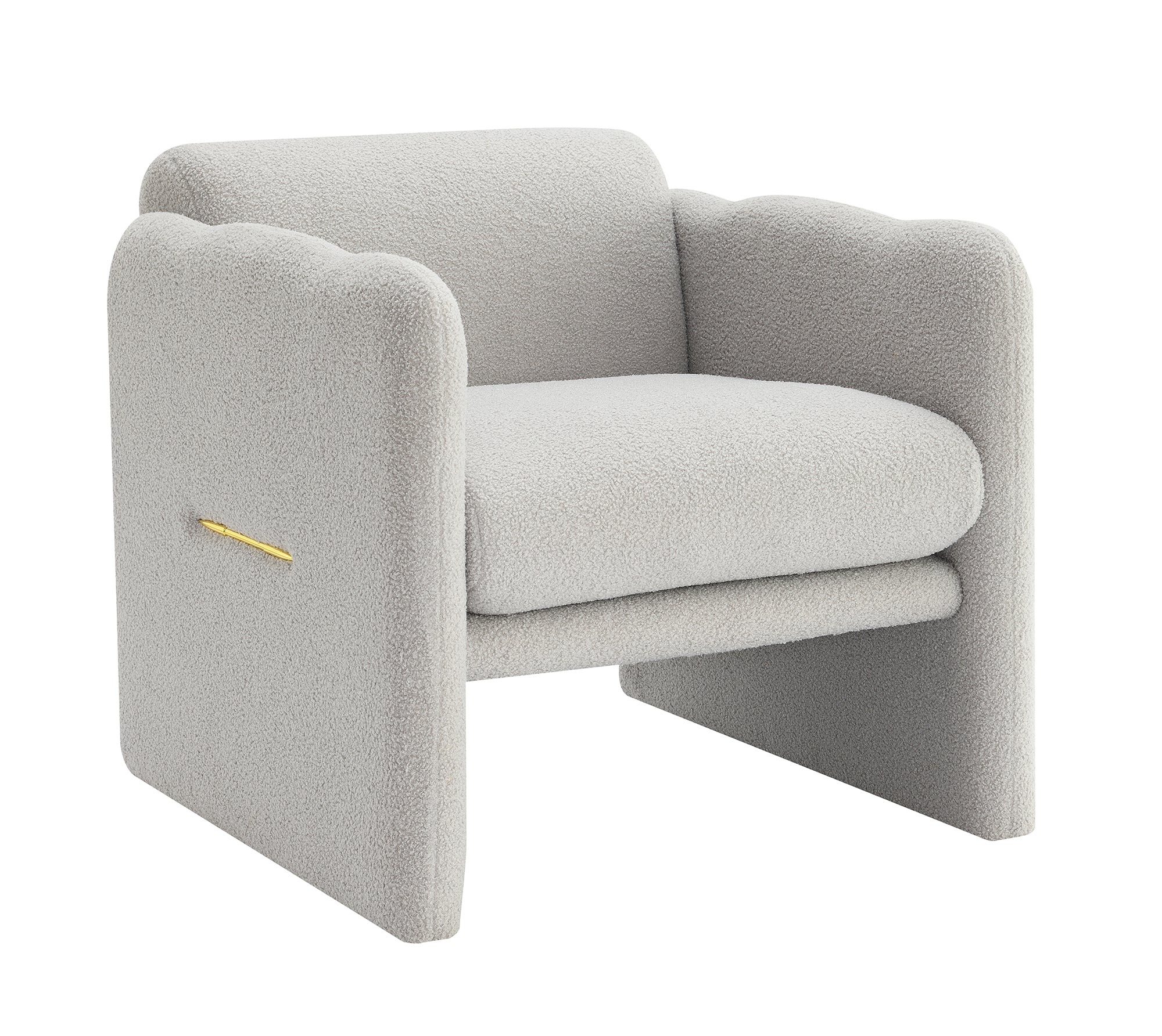 Accent chair with wavy armrests, metal decorations on both sides of the armrests, made of Teddy cloth, light gray