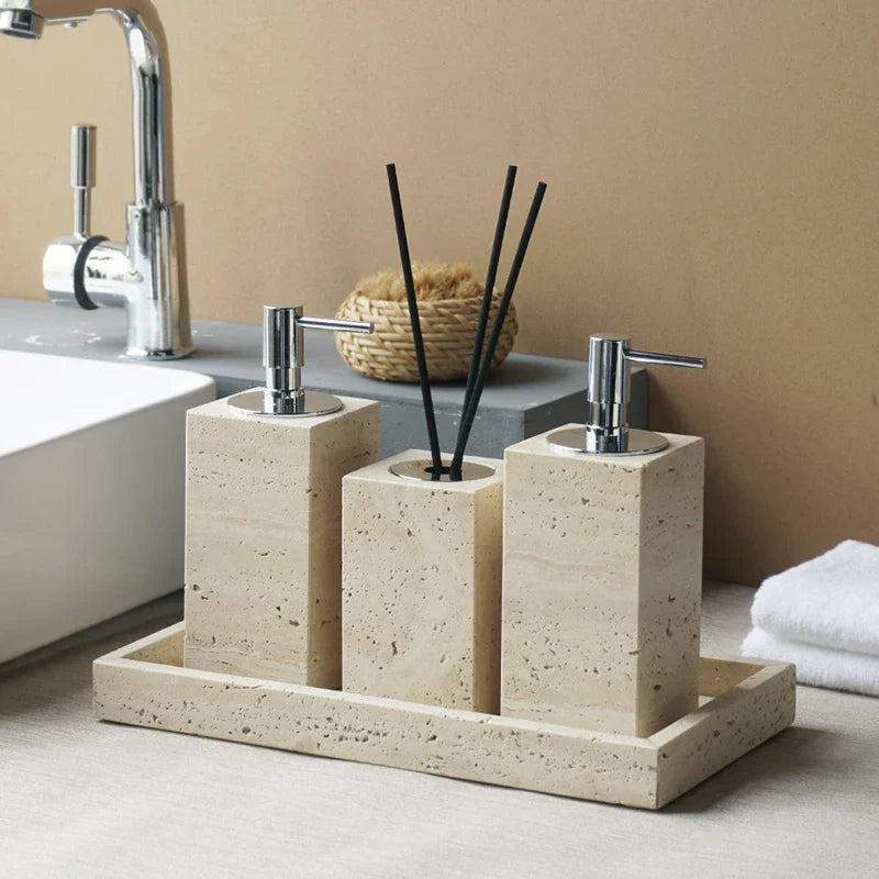 DecorBites™ Beige Travertine Marble Bathroom Accessories Set - Soap Dispenser, Soap Dish, Reed Diffuser
