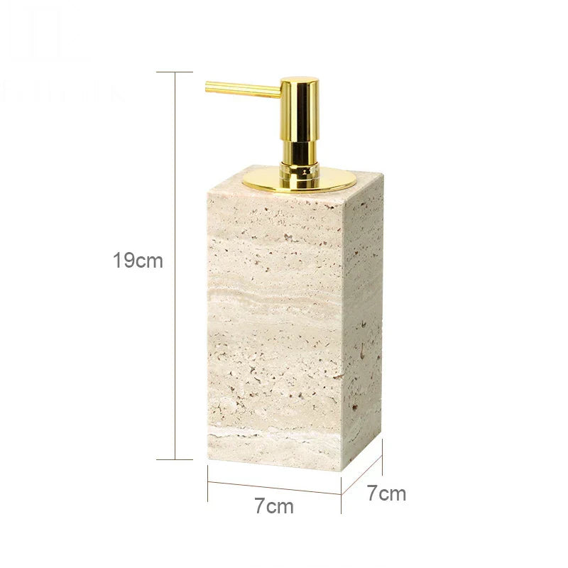 DecorBites™ Beige Travertine Marble Bathroom Accessories Set - Soap Dispenser, Soap Dish, Reed Diffuser