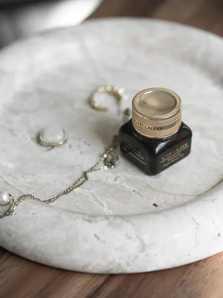 DecorBites™ Beige Travertine Serving Tray: Vintage Home Decor Round Vanity & Jewelry Plate