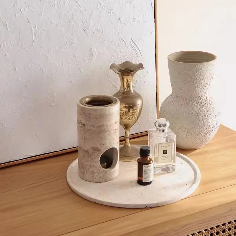 DecorBites™ Beige Travertine Stone Essential Oil Burner Diffuser Cyclinder 7x14CM