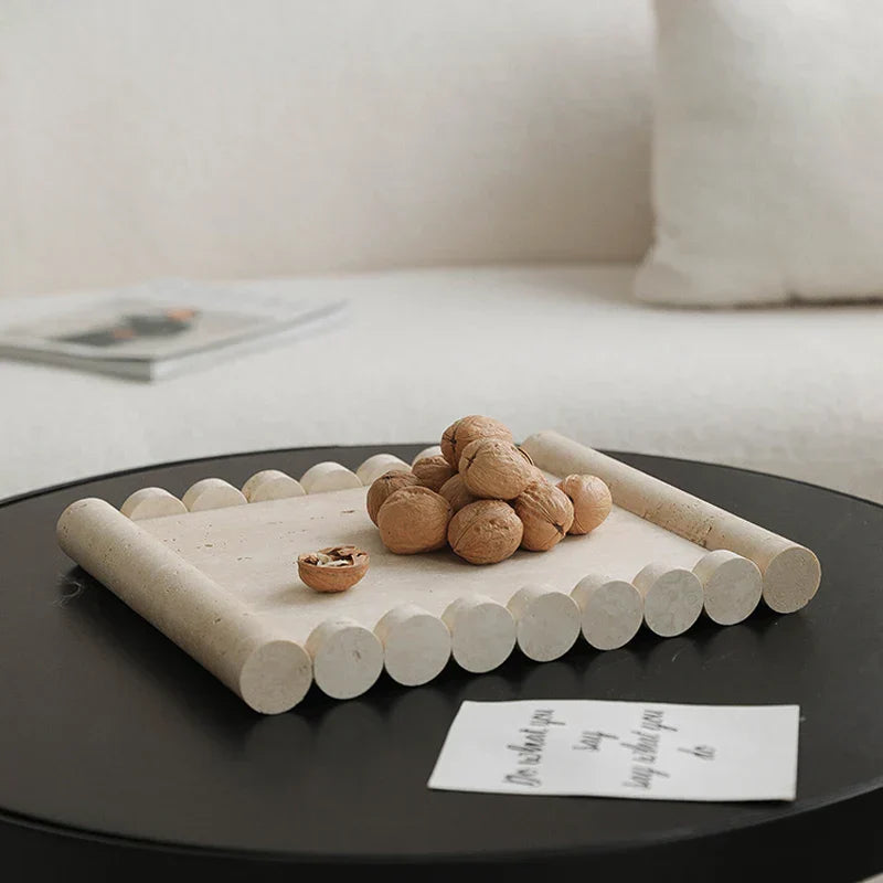 DecorBites™ Beige Travertine Marble Serving Tray Vintage Natural Stone Plate