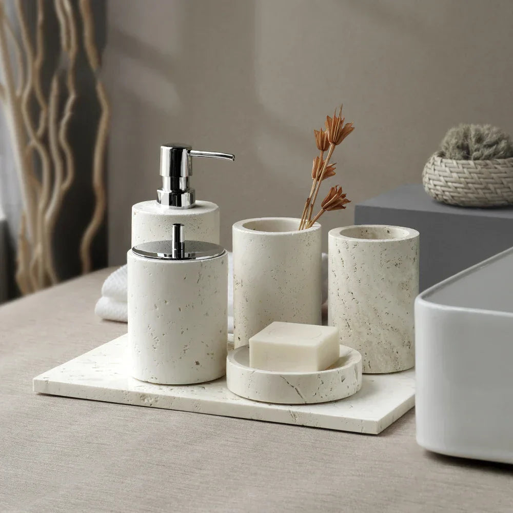 DecorBites™ Beige Travertine Marble Bathroom Set - Soap Dispenser Toothbrush Holder Tissue Box