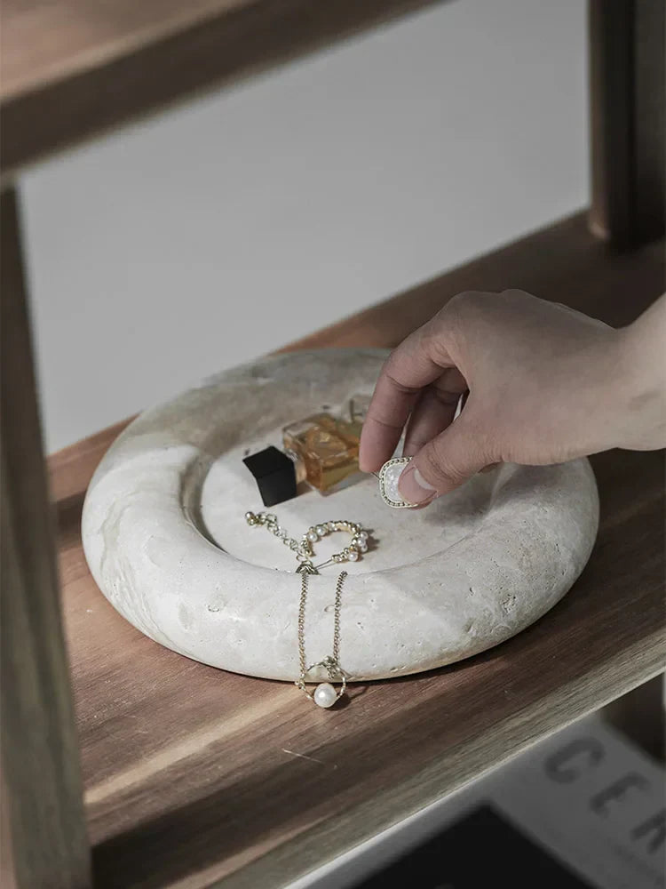 DecorBites™ Beige Travertine Serving Tray: Vintage Home Decor Round Vanity & Jewelry Plate