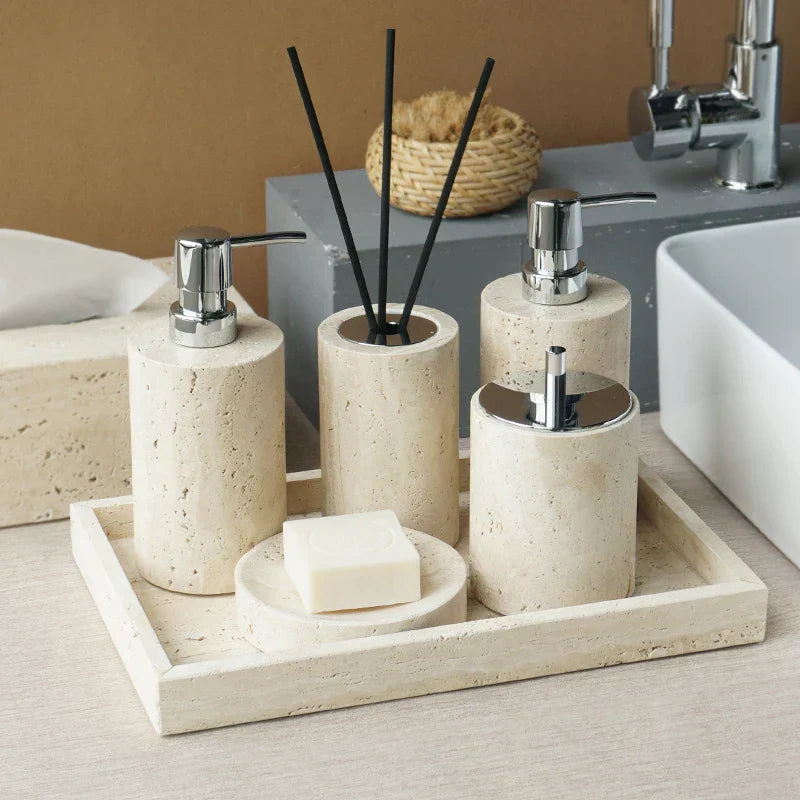 DecorBites™ Beige Travertine Marble Bathroom Accessories Set - Soap Dispenser, Soap Dish, Reed Diffuser
