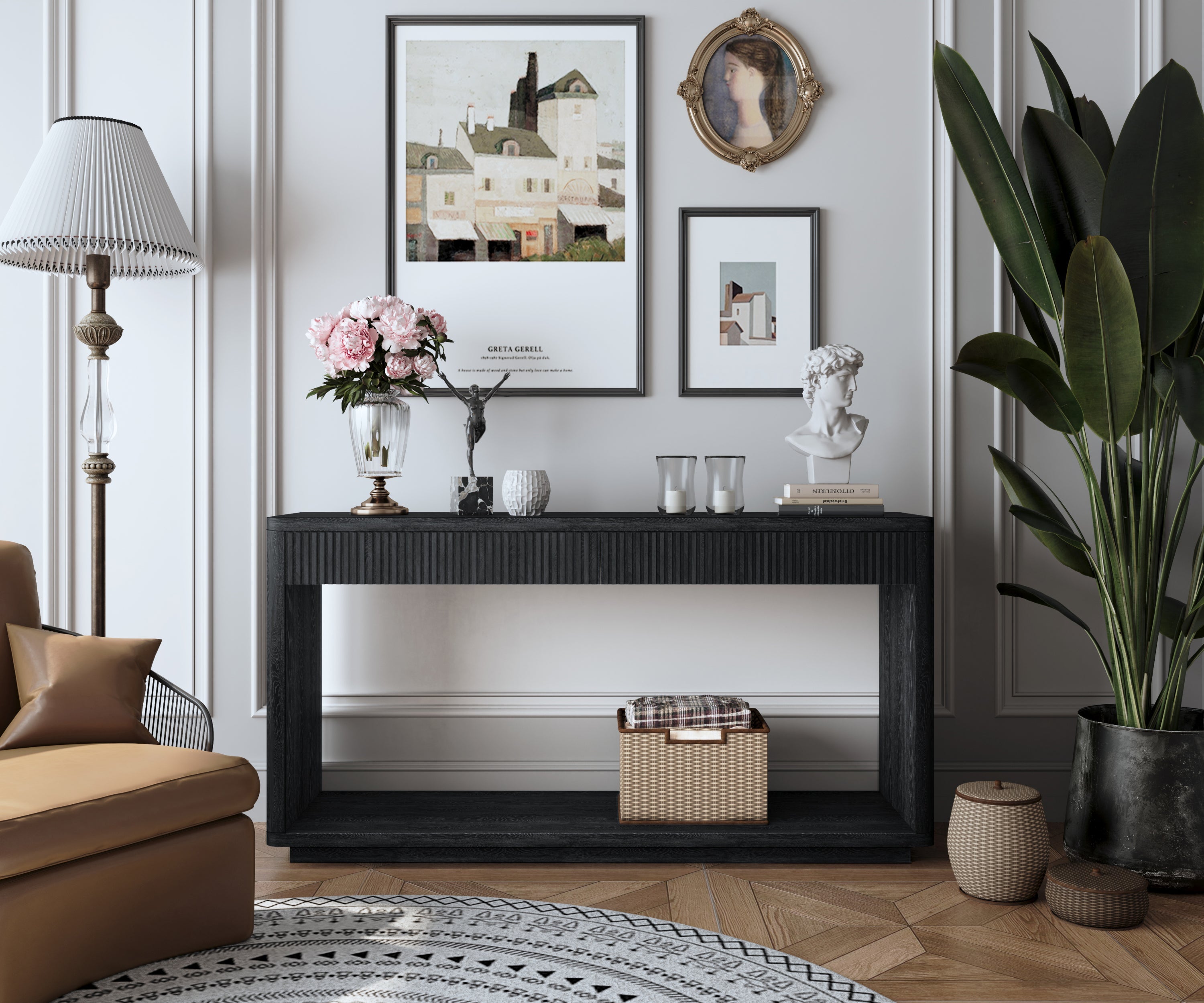 60' Modern 2-Drawer Fluted Console Table Natural Wood Veneer Sofa Table Behind Couch Table for Living Room, Hallway, Entryway, Home Office, Black