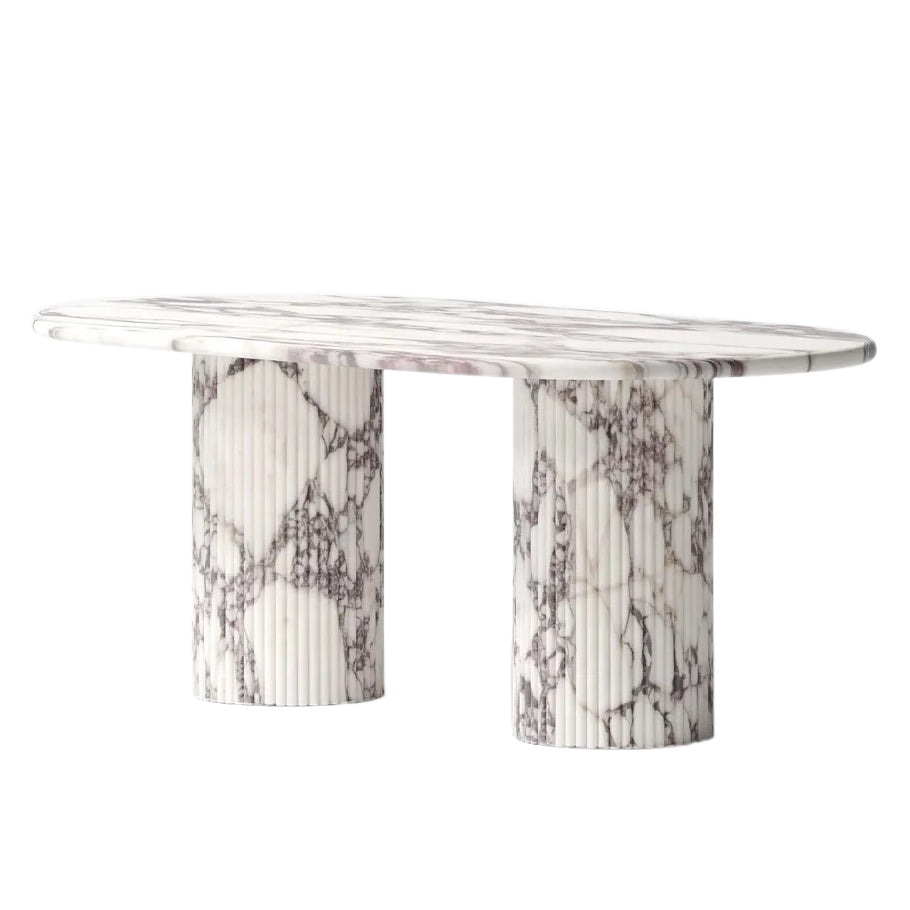 Calacatta Viola Marble Oval Dining Table with Fluted Round Marble Legs