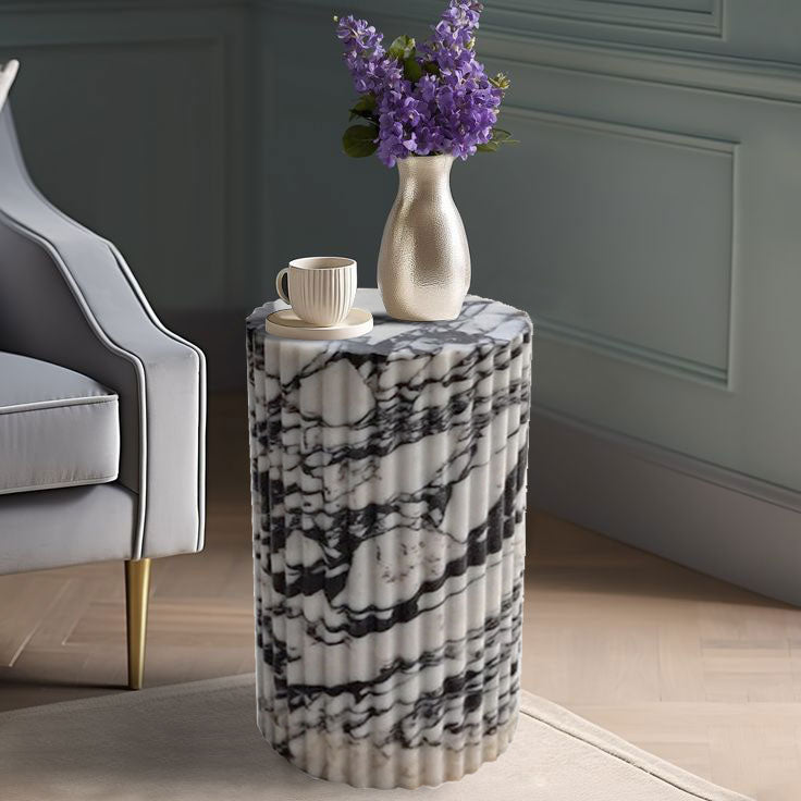 Calacatta Viola Marble Plinth Side Table Fluted Polished