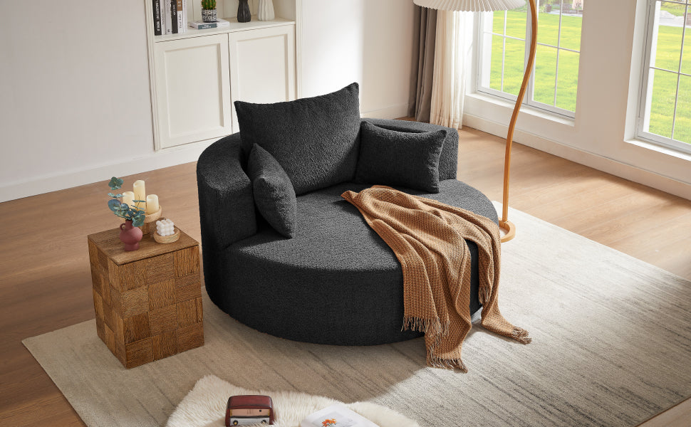 360° Swivel Accent Barrel Chair with Removable Pillows, Black Chenille, 56.3x56.3x36.5 inches