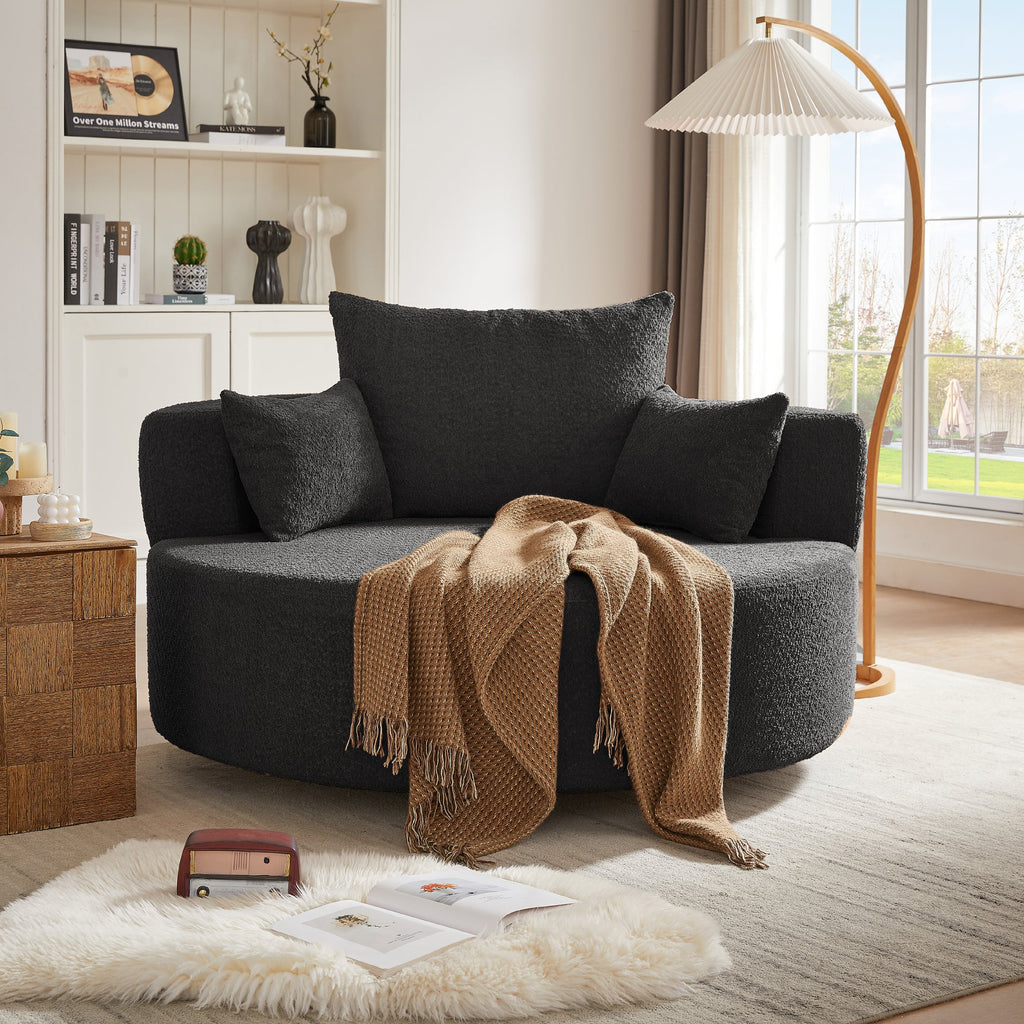 360° Swivel Accent Barrel Chair with Removable Pillows, Black Chenille, 56.3x56.3x36.5 inches