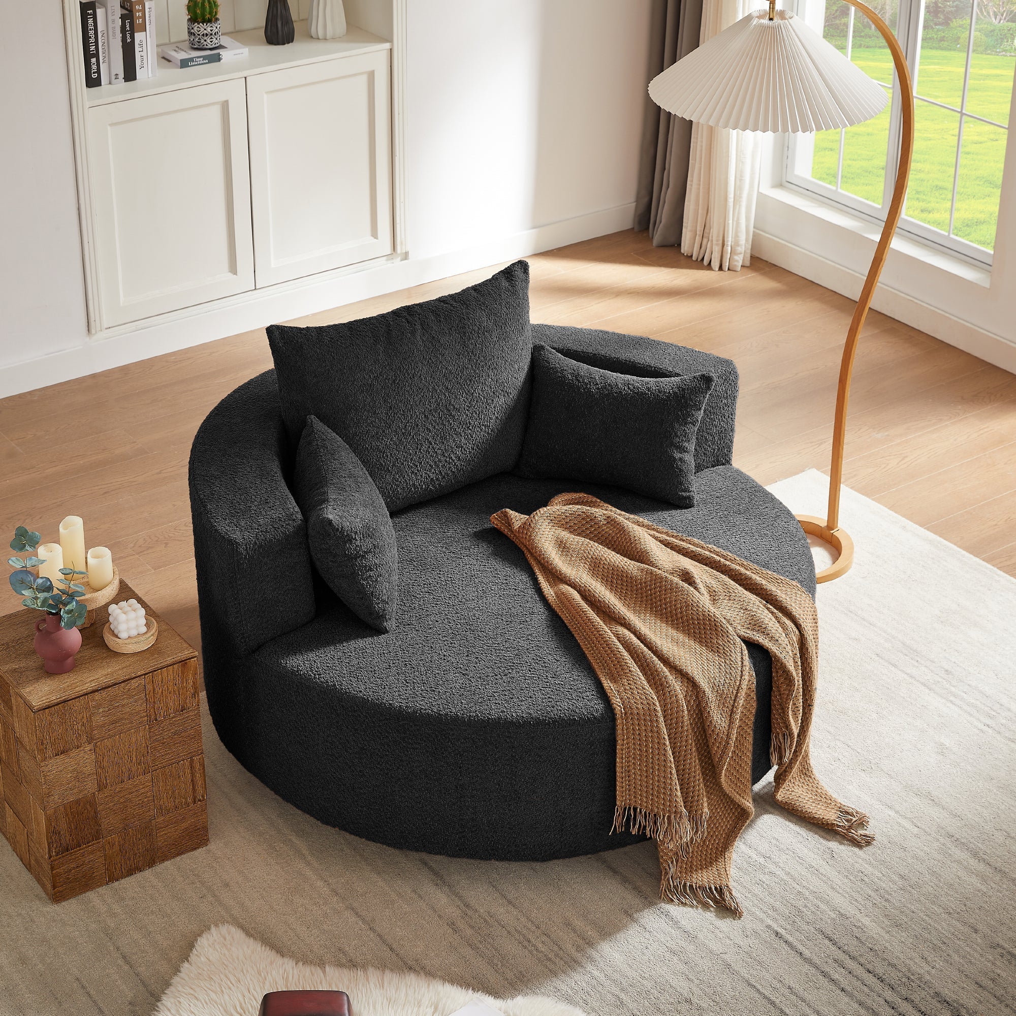 360° Swivel Accent Barrel Chair with Removable Pillows, Black Chenille, 56.3x56.3x36.5 inches