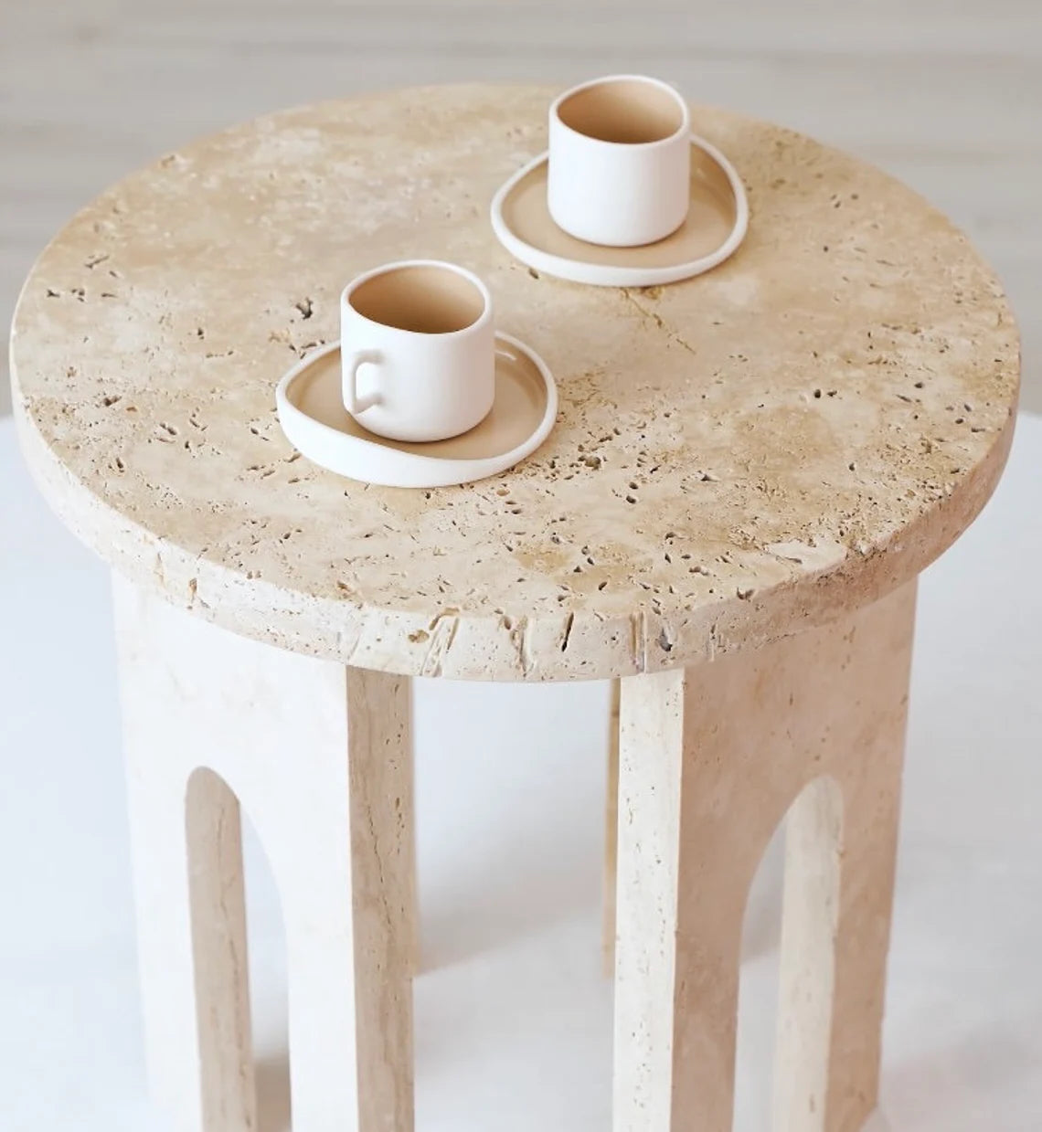 Troia Light Travertine Round End/Side Table U Shape
